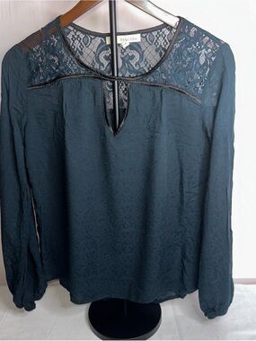 Rewind Women's Dark Teal Lace Yoke Long Sleeve Blouse